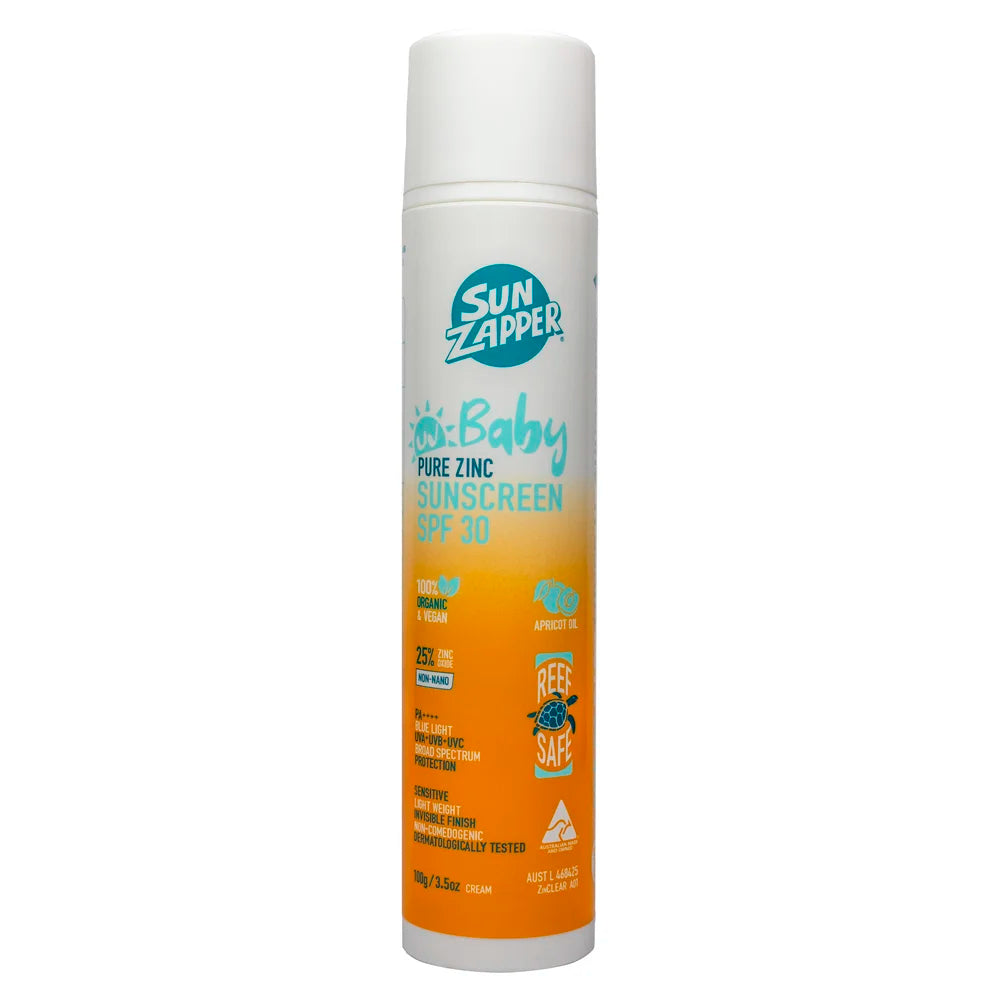 Sun Zapper Pure Zinc Sunscreen SPF 30+ Baby Cream 100g - Air Pump Tube