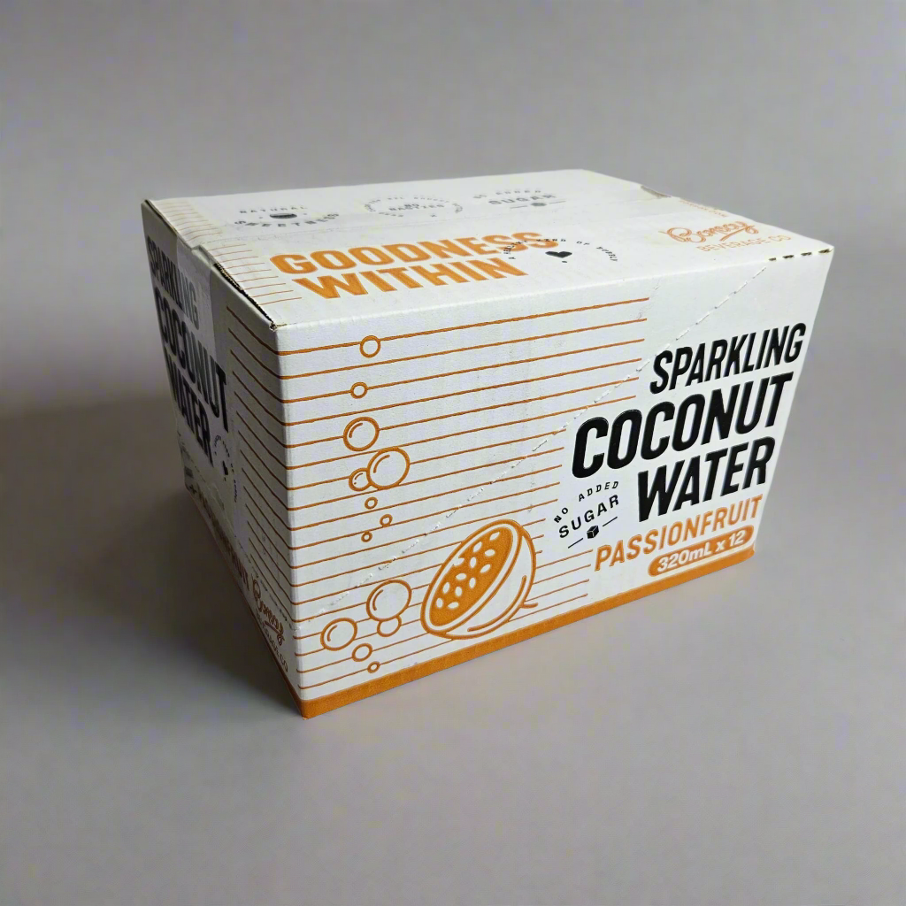 Box of Sparkling Coconut Water Passionfruit on a white background