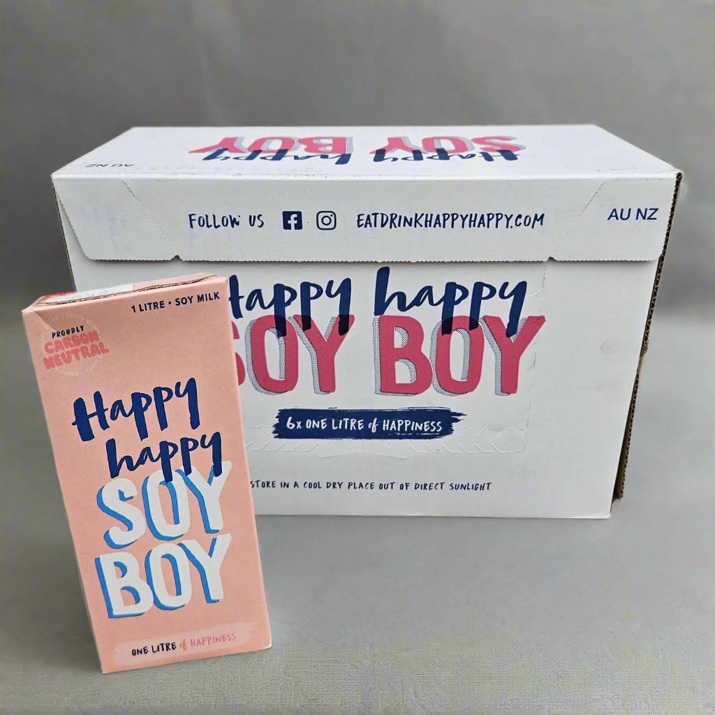 A carton box of Happy Happy Soy Boy non-dairy milk with  a carton of Happy Happy Soy Boy