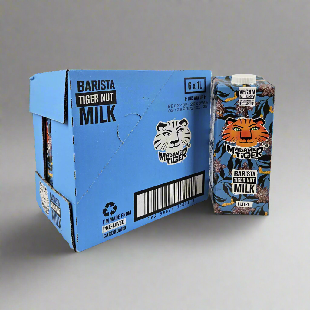 Blue carton of Masane Tiger Barista Tiger Nut Milk with a single carton on a white background