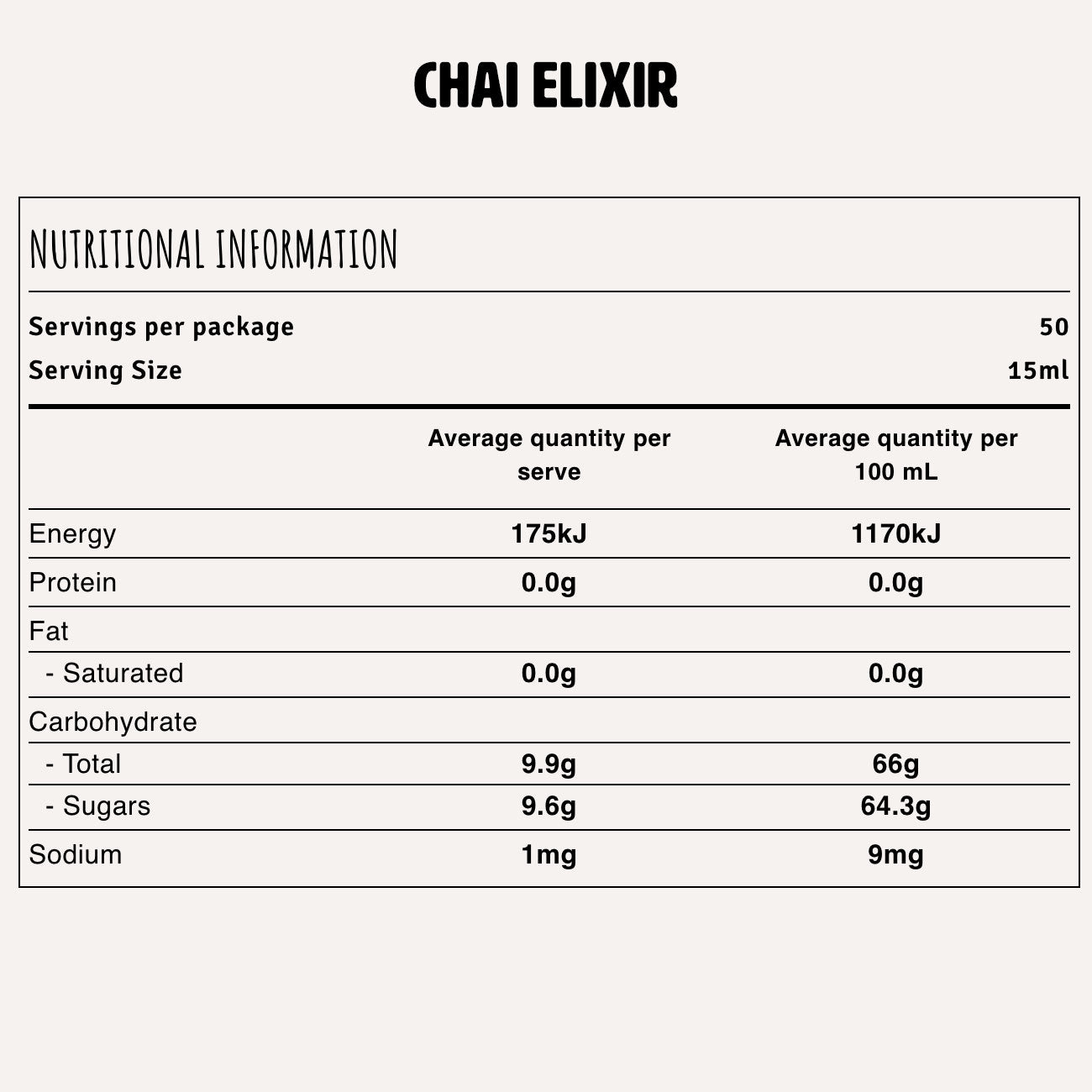 Original Chai Elixir Nutrition Fact