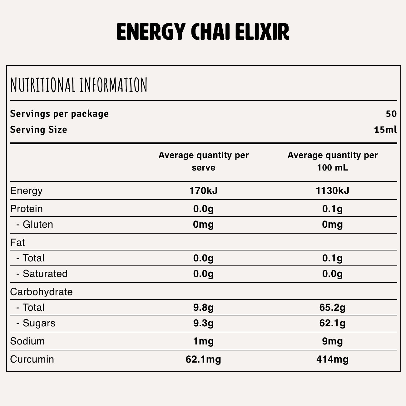 Energy Chai Elixir Nutrition Fact