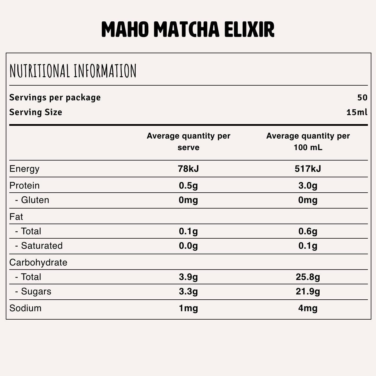 Maho Matcha Elixir Nutrition Fact