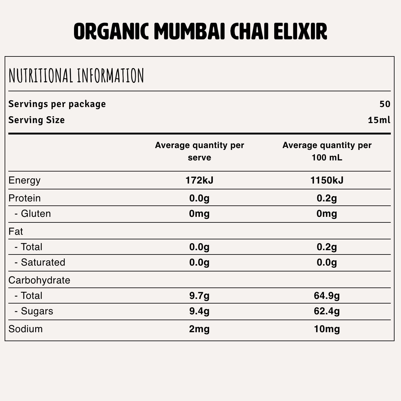 Mumbai Chai Elixir Nutrition Fact