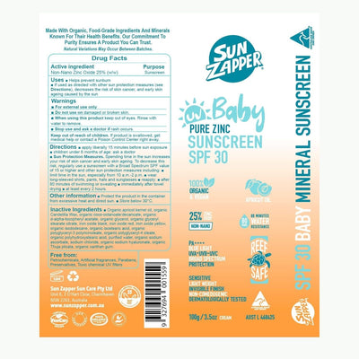 Sun Zapper Pure Zinc Sunscreen SPF 30+ Baby Cream 100g - Air Pump Tube
