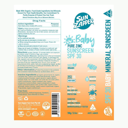 Sun Zapper Pure Zinc Sunscreen SPF 30+ Baby Cream 100g - Air Pump Tube