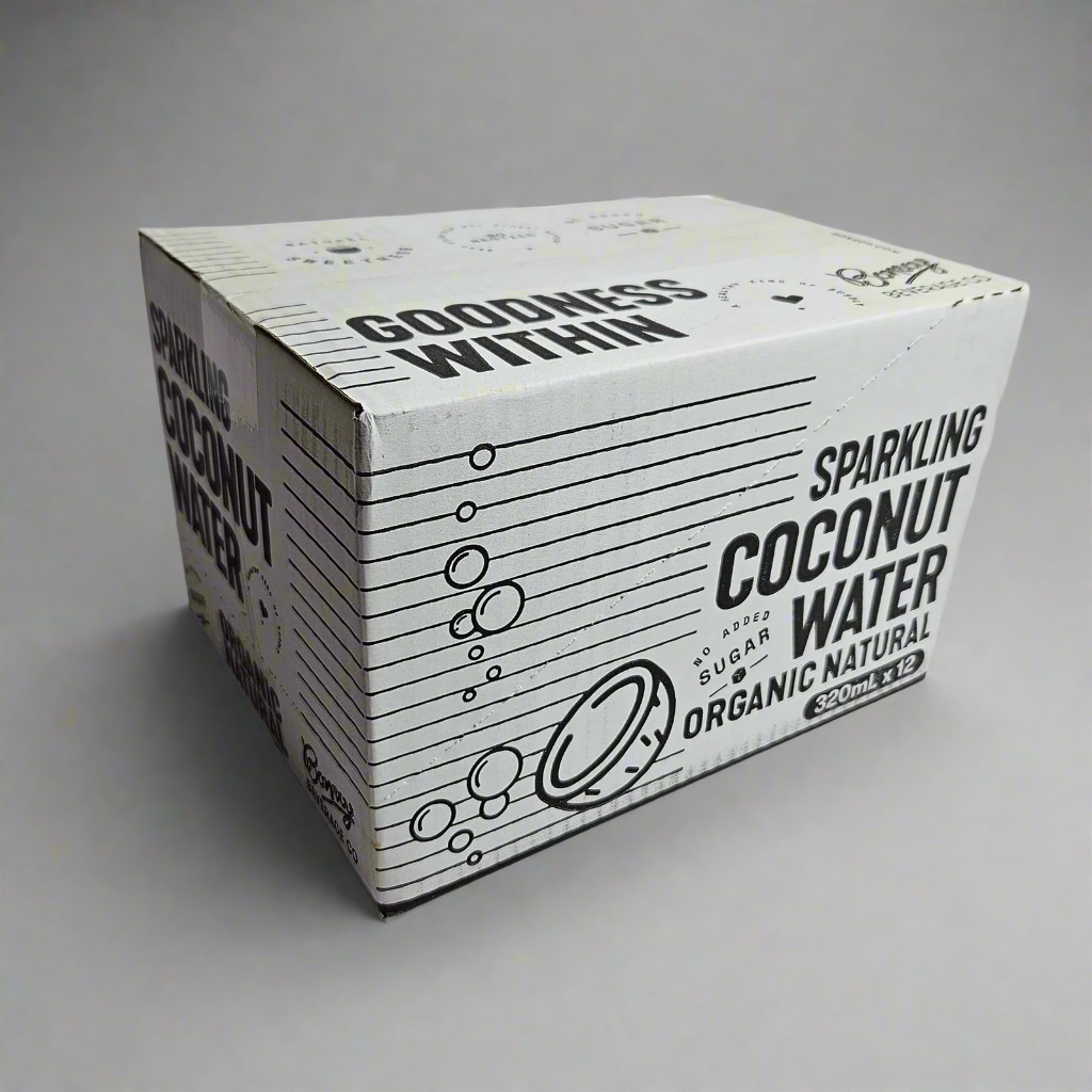 Box of Sparkling Coconut Water with text on a gray background