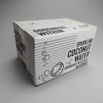 Box of Sparkling Coconut Water with text on a gray background