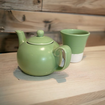 Ceramics Single Serve Teapot + Tea Cups (set of 2) - Green