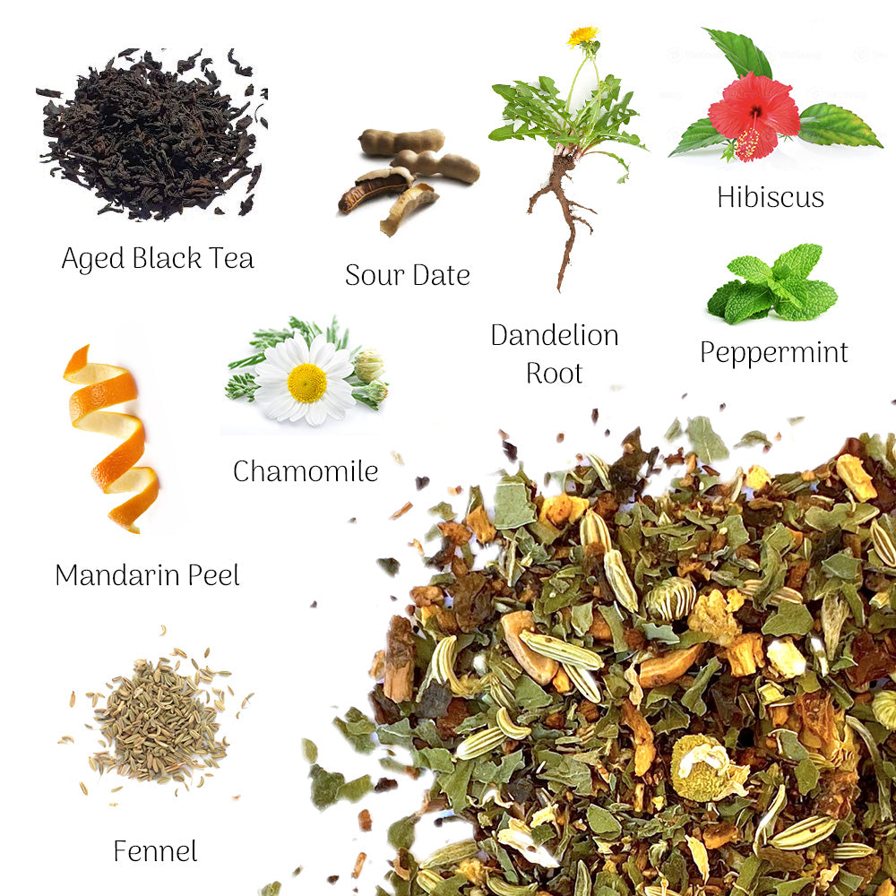 Urban Calm tea bag, aged black tea, sour date, dandelion root, hibiscus, peppermint, mandarin peel, chamomile, fennel